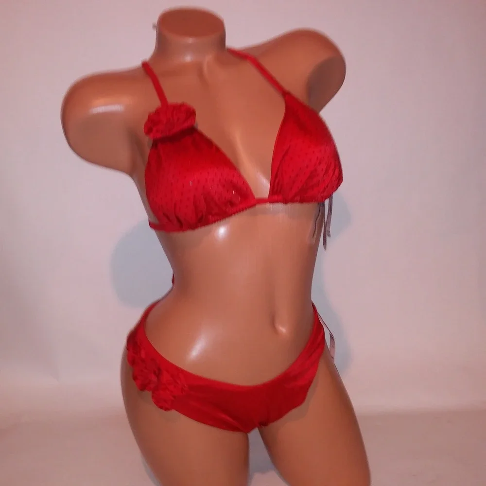 Victoria Secret Swim Bikini Medium Top & Bottom Red Bling Triangle String New
